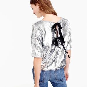 J.CREW SEQUIN SILVER PARTY TOP WITH GROSGRAIN BOW‎ TIES SIZE 00 Y2K